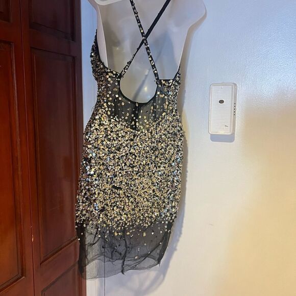 Sequence short prom dress evening event dress sequin beaded lace see thru dress - Picture 8 of 11